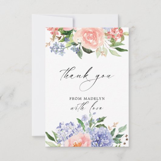 Elegante waterverf blauwe roze hortensia bloem bedankkaart (Voorkant)