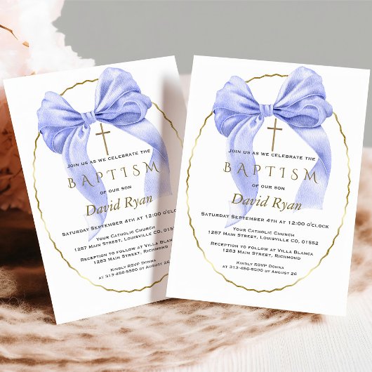 Elegante waterverf blauwe strik gouden jongensdoop kaart