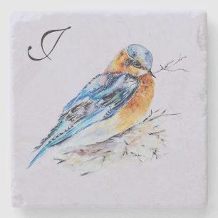 Elegante Waterverf Blauwe Vogel Monogram Stenen Onderzetter