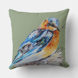 Elegante Waterverf Blauwe Vogel Natuur Kussen