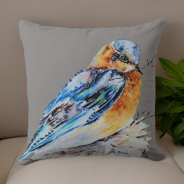 Elegante Waterverf Blauwe Vogel Natuur Kussen