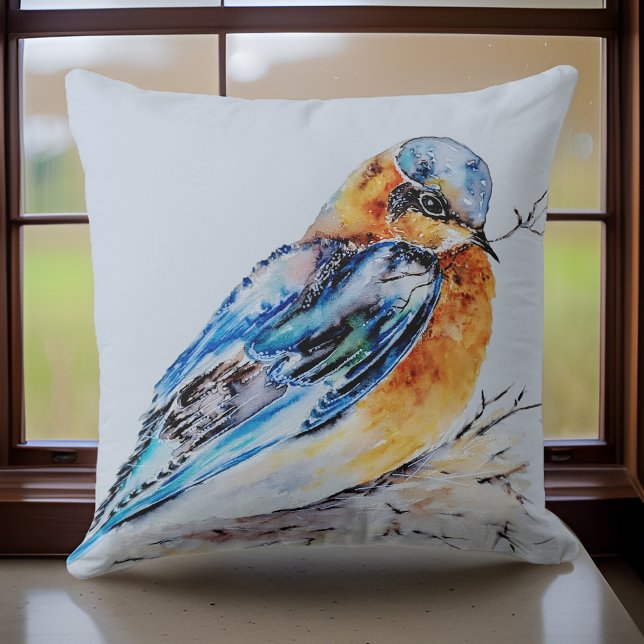 Elegante Waterverf Blauwe Vogel Natuur Kussen (Creator heeft geüpload)