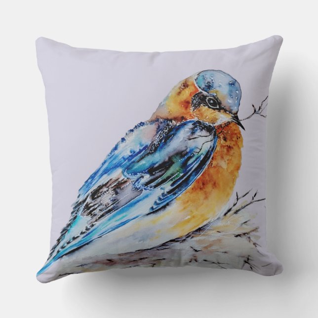 Elegante Waterverf Blauwe Vogel Natuur Kussen (Achterkant)