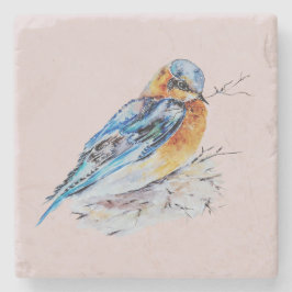 Elegante Waterverf Blauwe Vogel Natuur Stenen Onderzetter