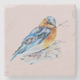 Elegante Waterverf Blauwe Vogel Natuur Stenen Onderzetter