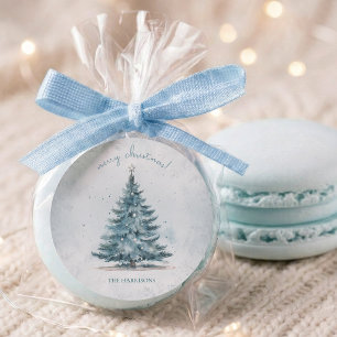 Elegante Waterverf Blauwe Zilveren Kerstboom Ronde Sticker