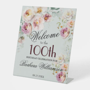 Elegante waterverf bloem 100ste verjaardag welkom  reclamebord met voetstuk