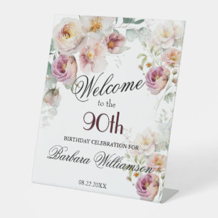 Elegante waterverf bloem 90ste verjaardag welkom reclamebord met voetstuk