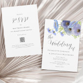 Elegante Waterverf Bloem Blauwe Huwelijk Qr Code Kaart
