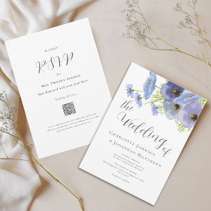 Elegante Waterverf Bloem Blauwe Huwelijk Qr Code Kaart