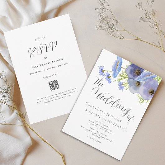 Elegante Waterverf Bloem Blauwe Huwelijk Qr Code Kaart
