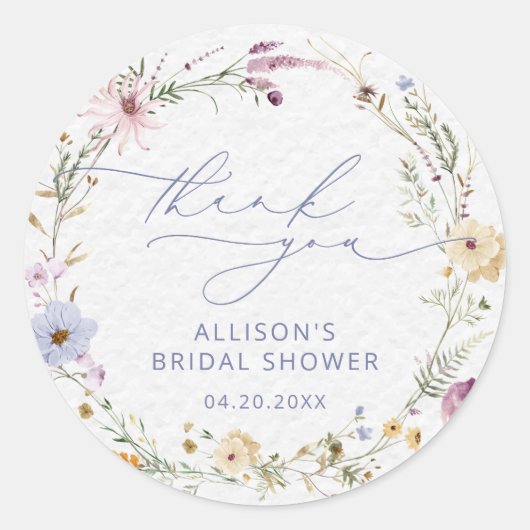 Elegante Waterverf Bloem Bruiloftsshower met Wilde Ronde Sticker (Voorkant)