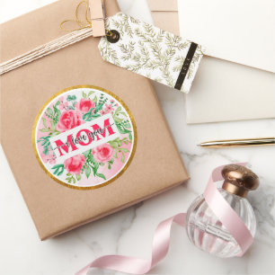 Elegante waterverf bloem "MAMA ik hou van je" Moed Ronde Sticker