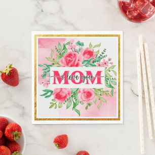 Elegante waterverf bloem "MAMA IK HOU VAN JE" Moed Servet