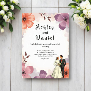Elegante Waterverf Bloem Romantisch Koppel Bruilof Kaart