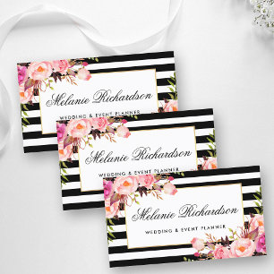 Elegante Waterverf Bloem Roze Goud Frame Gestreept Visitekaartje