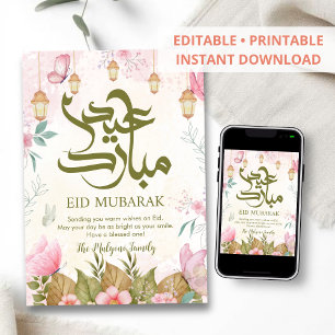 Elegante Waterverf Bloem Vlinders Eid Mubarak Feestdagenkaart