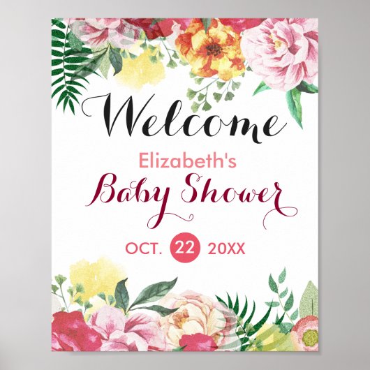 Elegante Waterverf Bloemachtige Baby Shower Aankon Poster (Voorkant)