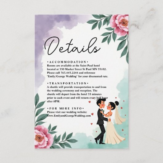 Elegante Waterverf Bloemachtige Bruid En Bruidegom Informatiekaartje (Voorkant)