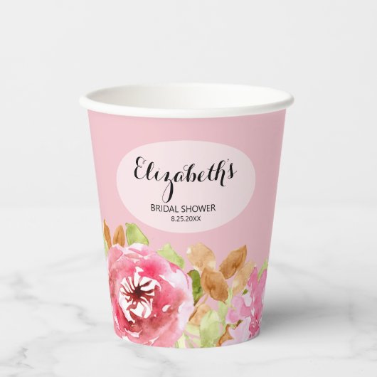 Elegante Waterverf Bloemachtige Bruidsdouche Papieren Bekers (Voorkant)