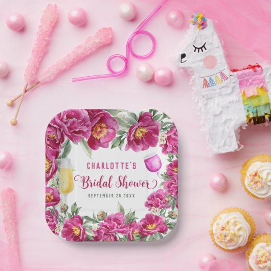 Elegante Waterverf Bloemachtige Heet Roze Bruidsdo Papieren Bordje (Feest)