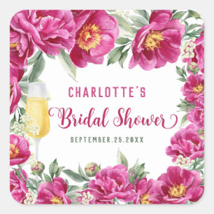 Elegante Waterverf Bloemachtige Heet Roze Bruiloft Vierkante Sticker