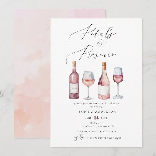 Elegante Waterverf bloemblaadjes & Prosecco Vrijge Kaart (Voorkant / Achterkant)