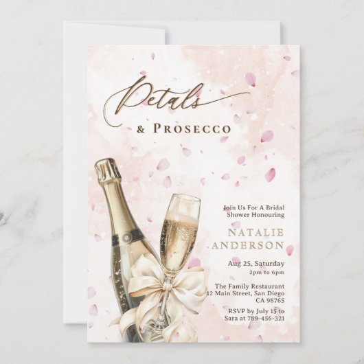 Elegante Waterverf bloemblaadjes & Prosecco Vrijge Kaart (Voorkant)