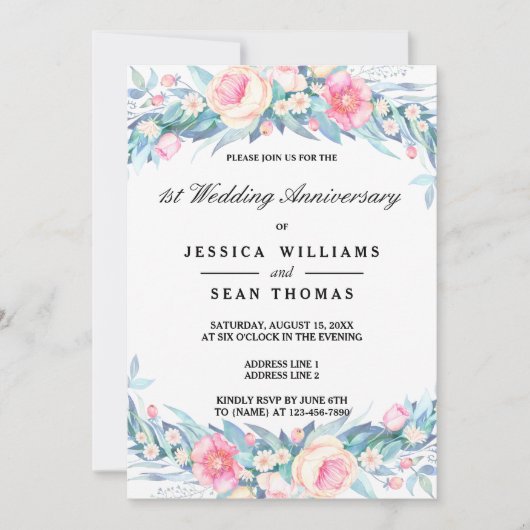 Elegante Waterverf Bloemen 1e bruiloft Jubileum Kaart (Voorkant)