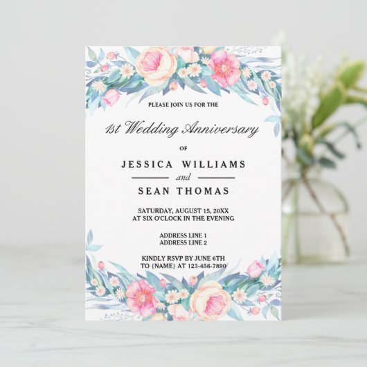 Elegante Waterverf Bloemen 1e bruiloft Jubileum Kaart (Staand voorkant)