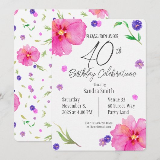 Elegante Waterverf Bloemen 40e Verjaardagsuitnodig Kaart (Voorkant / Achterkant)