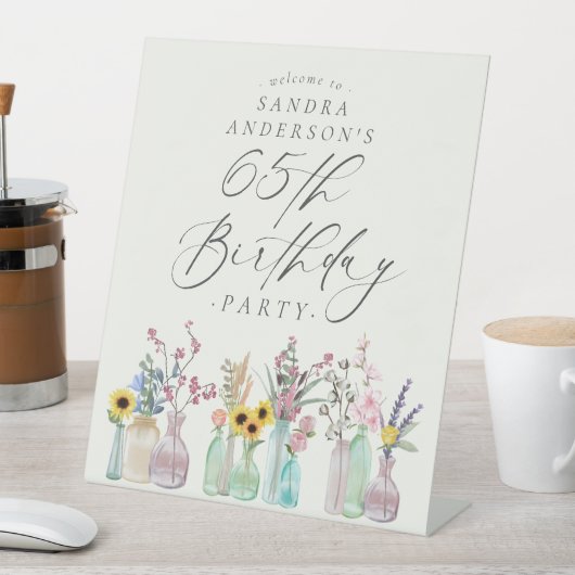 Elegante Waterverf Bloemen 65e verjaardagsfeest Reclamebord Met Voetstuk (Insitu)