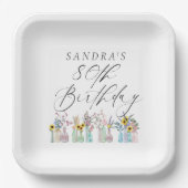 Elegante Waterverf Bloemen 80ste Verjaardag Papieren Bordje (Voorkant)