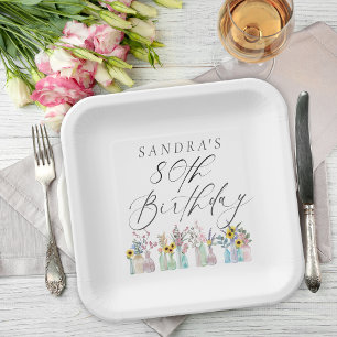 Elegante Waterverf Bloemen 80ste Verjaardag Papieren Bordje