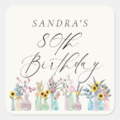 Elegante Waterverf Bloemen 80ste Verjaardag Vierkante Sticker (Voorkant)
