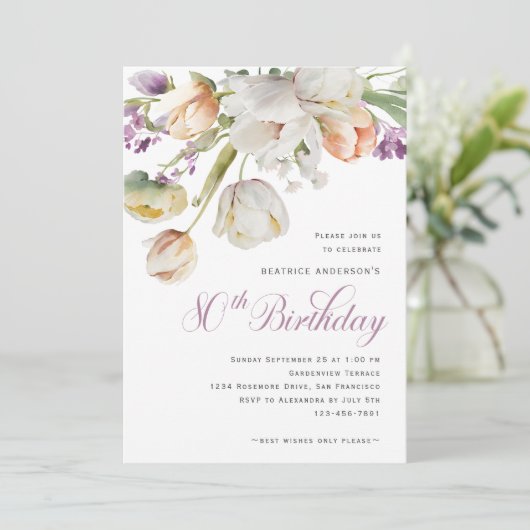 Elegante Waterverf Bloemen 80ste Verjaardagsfeestj Kaart (Staand voorkant)