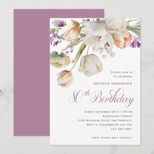 Elegante Waterverf Bloemen 80ste Verjaardagsfeestj Kaart (Voorkant / Achterkant)