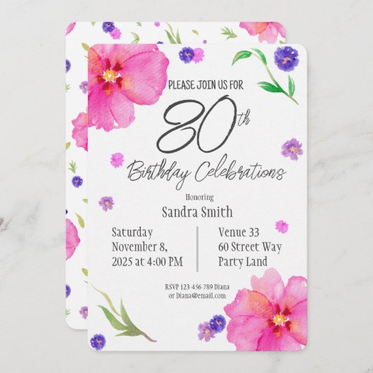 Elegante Waterverf Bloemen 80ste Verjaardagsuitnod Kaart (Voorkant / Achterkant)
