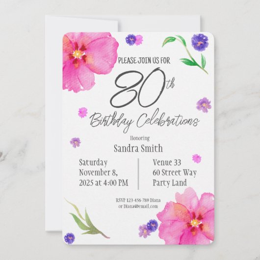 Elegante Waterverf Bloemen 80ste Verjaardagsuitnod Kaart (Voorkant)