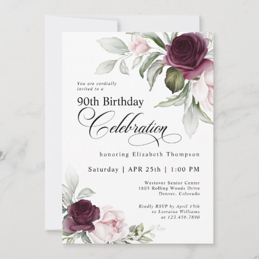 Elegante Waterverf Bloemen 90ste Verjaardag Kaart (Voorkant)