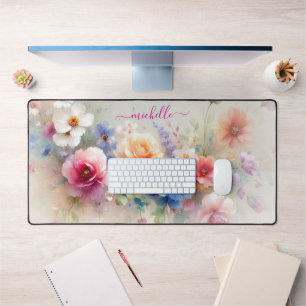 Elegante Waterverf Bloemen Aangepaste Naam Tekst Bureaumat