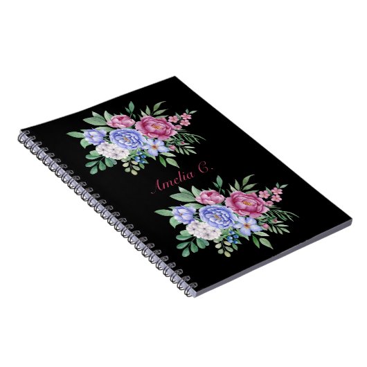 Elegante Waterverf Bloemen Boeket Zwart Notitieboe Notitieboek (Rechterzijde)