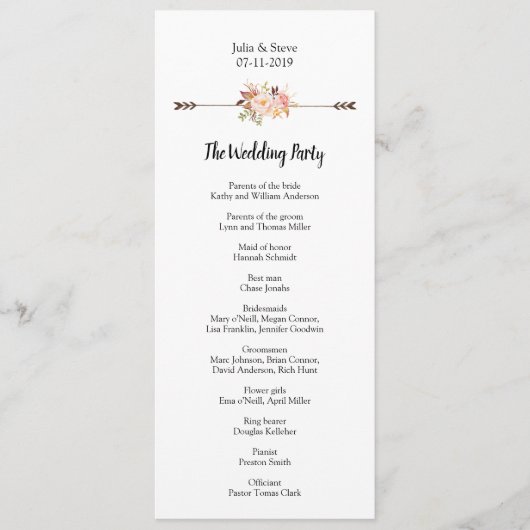 Elegante Waterverf Bloemen Boheemse Bruiloft Programmakaart (Voorkant)