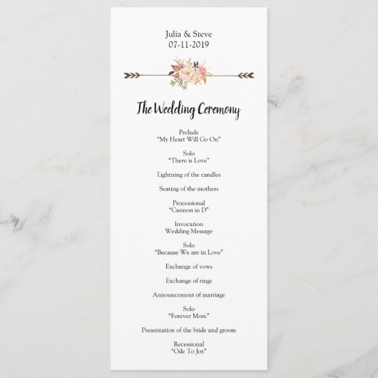 Elegante Waterverf Bloemen Boheemse Bruiloft Programmakaart (Achterkant)