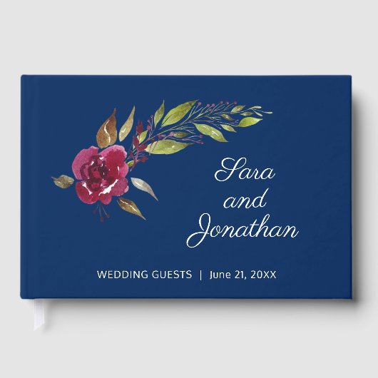 Elegante Waterverf Bloemen Donkerblauwe bruiloft Gastenboek (Voorkant)