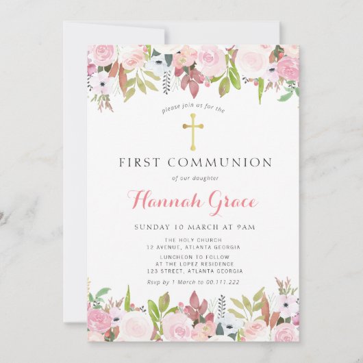 Elegante waterverf bloemen eerste communie kaart (Voorkant)