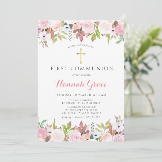 Elegante waterverf bloemen eerste communie kaart (Staand voorkant)