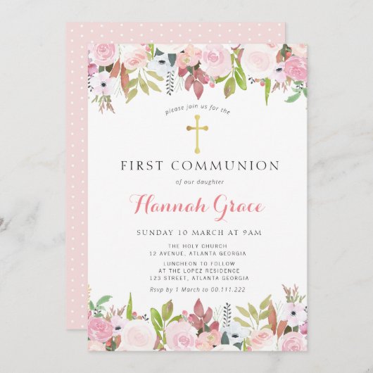 Elegante waterverf bloemen eerste communie kaart (Voorkant / Achterkant)