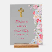 Elegante Waterverf Bloemen Eerste Communie Welkom Acryl Bord (Voorkant)