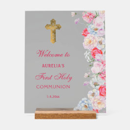 Elegante Waterverf Bloemen Eerste Communie Welkom Acryl Bord